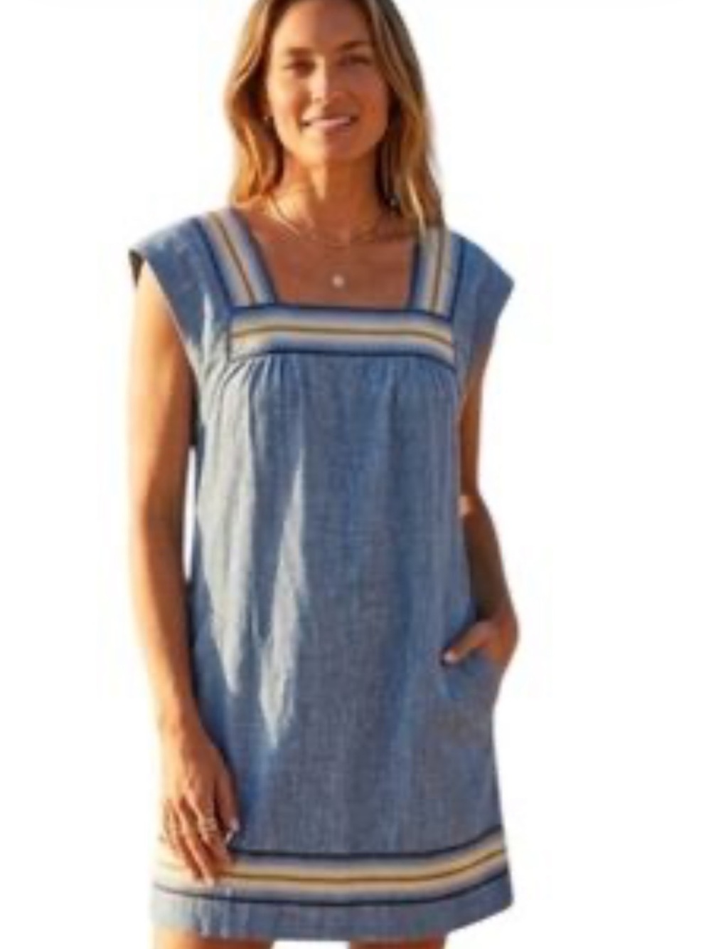 Faherty Blue Chambray Dress with Yellow Stripe Detail